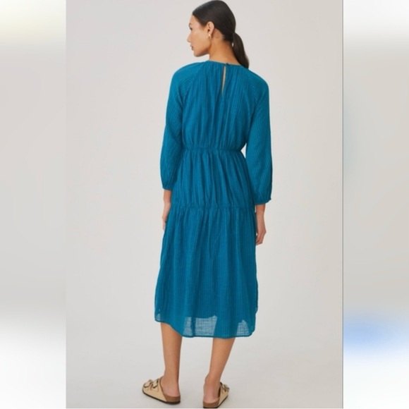 Sundry Teal Long Sleeve Flowy Midi Tiered Dress Subtle Stripes Boho Feminine - Picture 2 of 10
